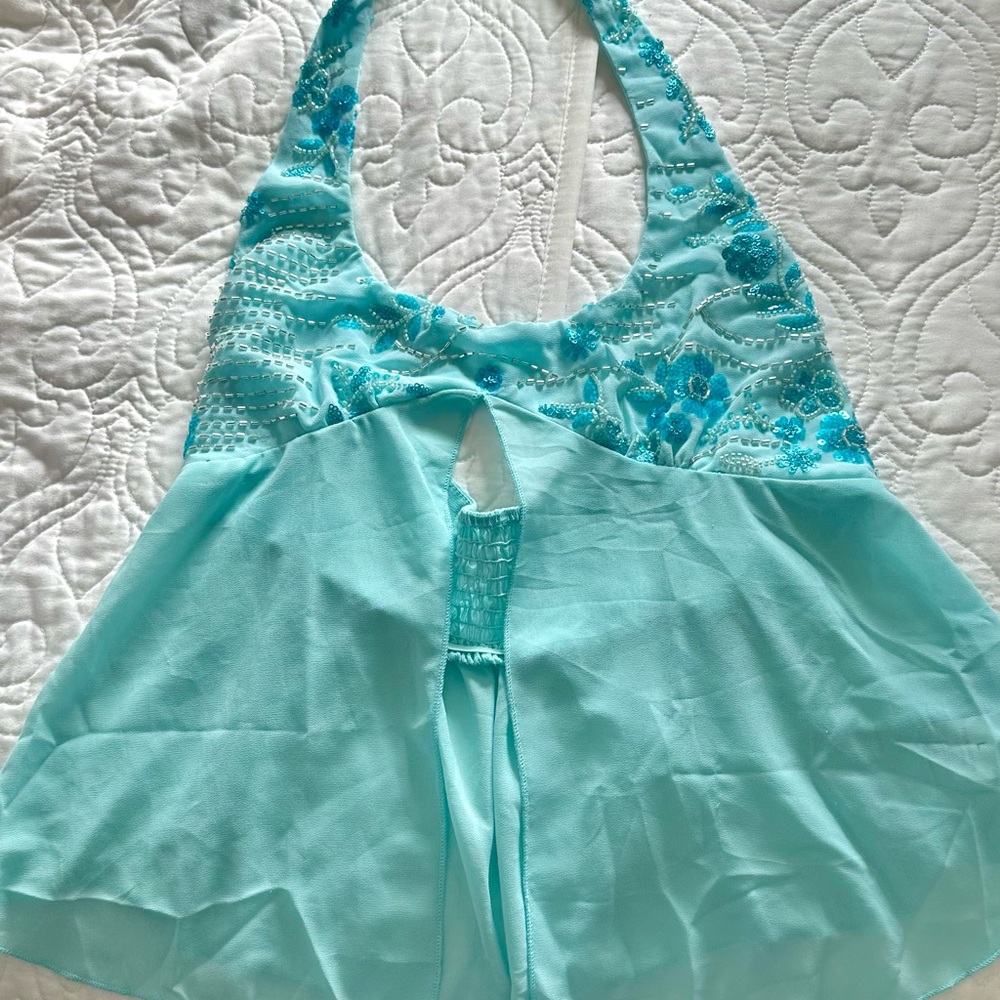 Aqua Y2K Halter Top with Beaded Details